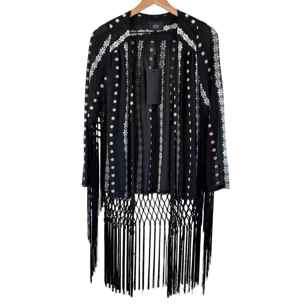 NEW Goldie Kimono Wrap Black Womens Small Floral Embroidered Macrame Fringe Boho